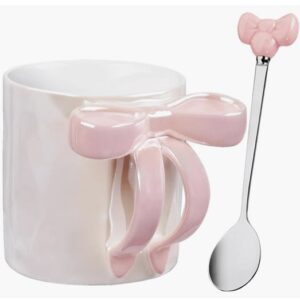 Ceramic Coffee Mug with Bow -Include Spoon - White Dove