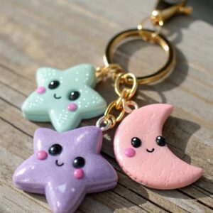 Cute Air Dry Clay Star & Moon Keychain